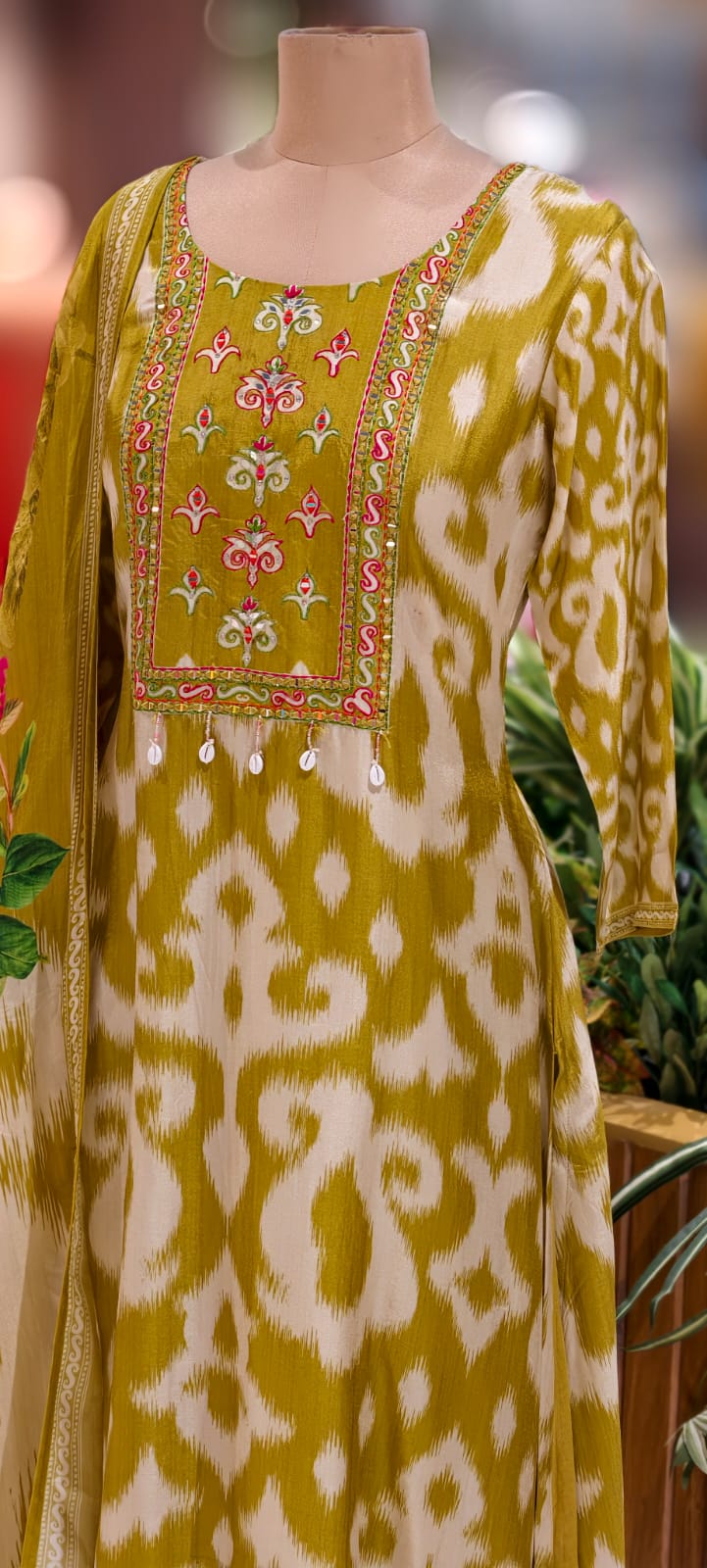 Russian Silk Multicolor Yoke With Tassel Printed A-Line Full Suit Set With Dupatta- 12958