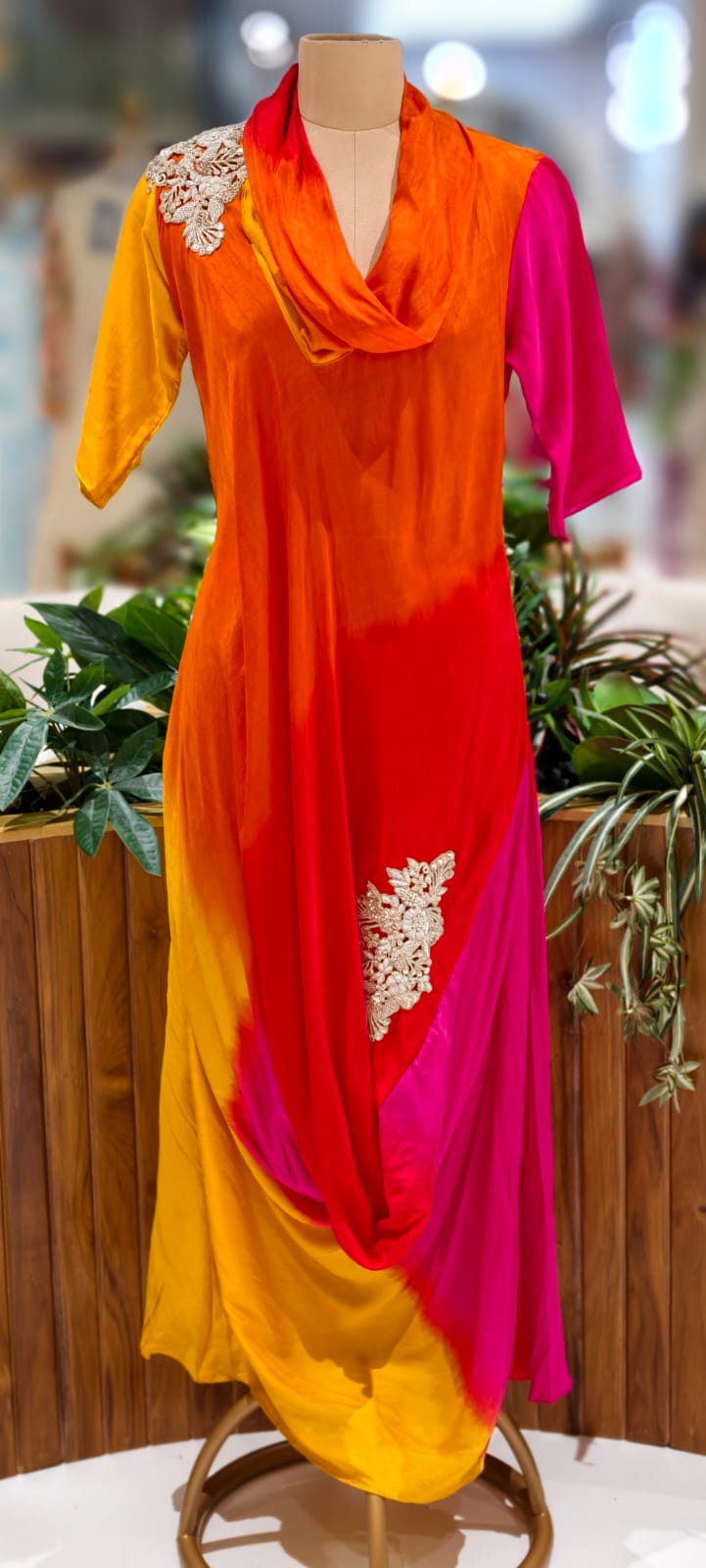 Ombre Multicolor Mix Cowl Style Gown In Dola Silk Fabric- 12400