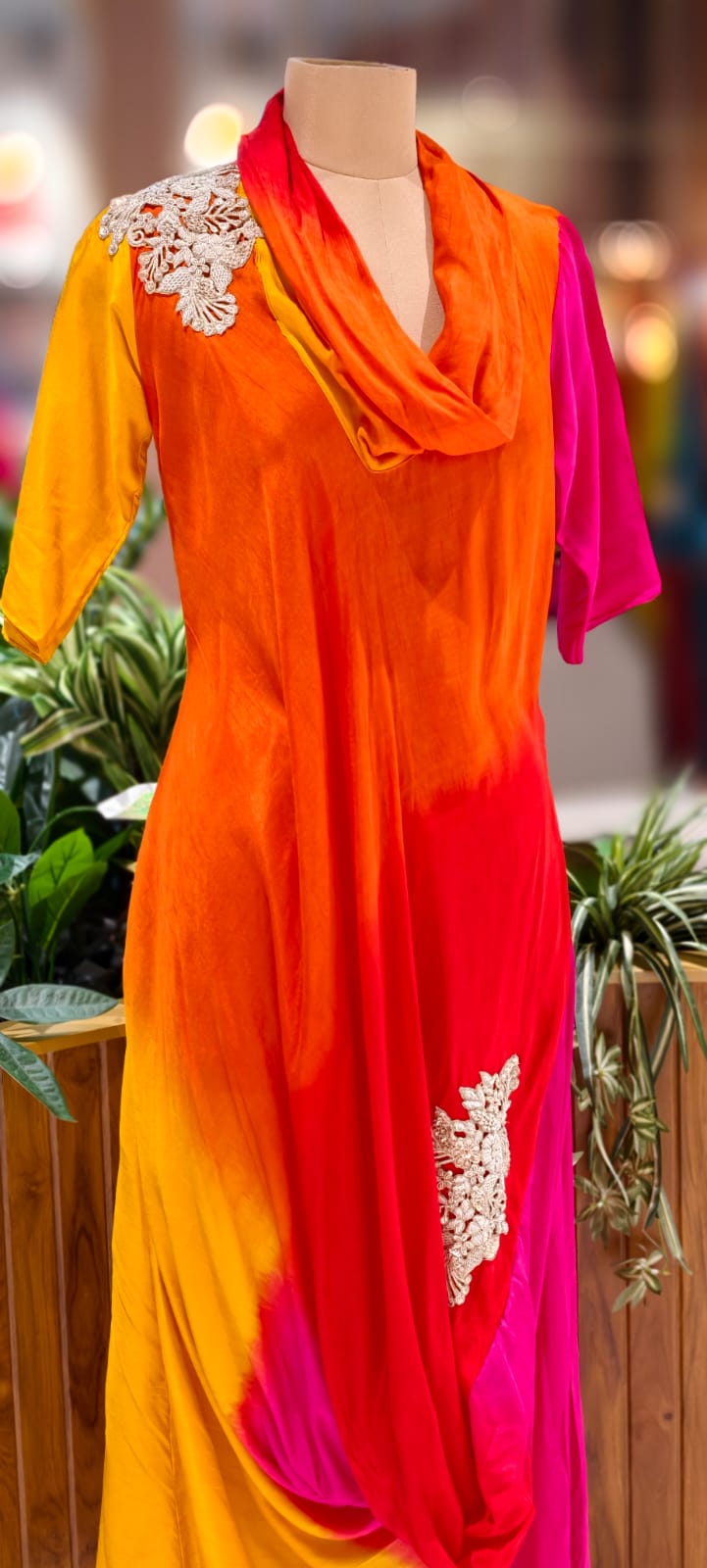 Ombre Multicolor Mix Cowl Style Gown In Dola Silk Fabric- 12400