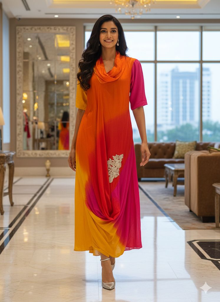 Ombre Multicolor Mix Cowl Style Gown In Dola Silk Fabric- 12400