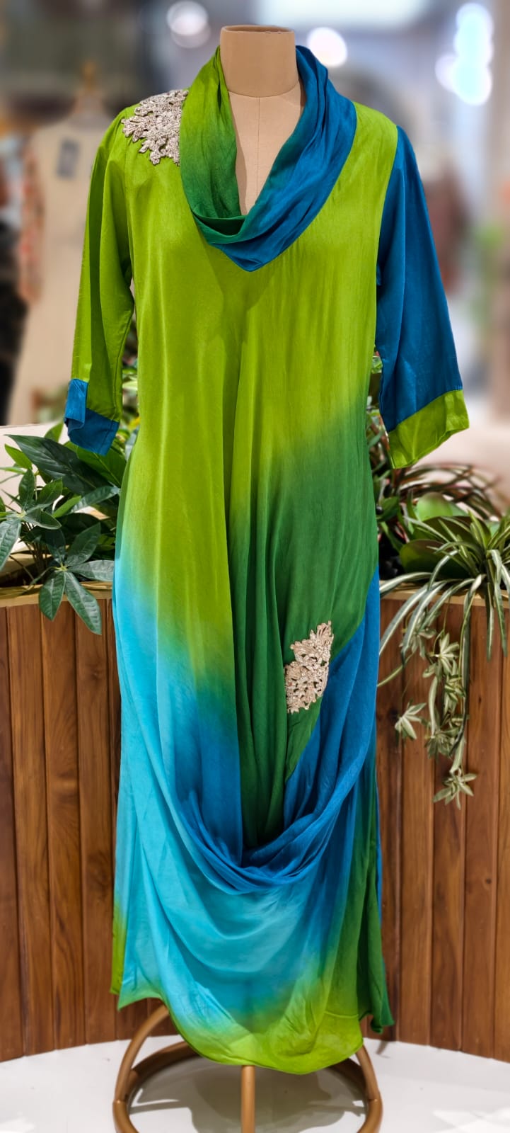 Ombre Multicolor Mix Cowl Style Gown In Dola Silk Fabric- 12400