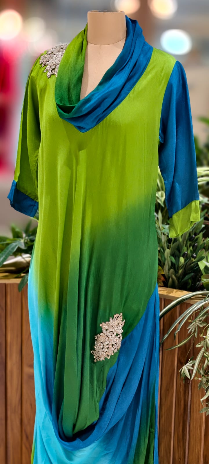 Ombre Multicolor Mix Cowl Style Gown In Dola Silk Fabric- 12400