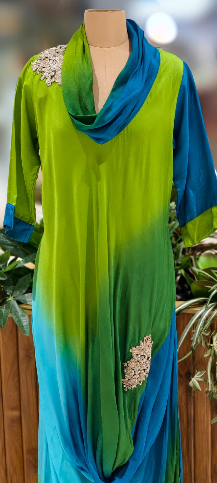 Ombre Multicolor Mix Cowl Style Gown In Dola Silk Fabric- 12400