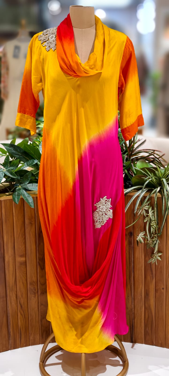 Ombre Multicolor Mix Cowl Style Gown In Dola Silk Fabric- 12400