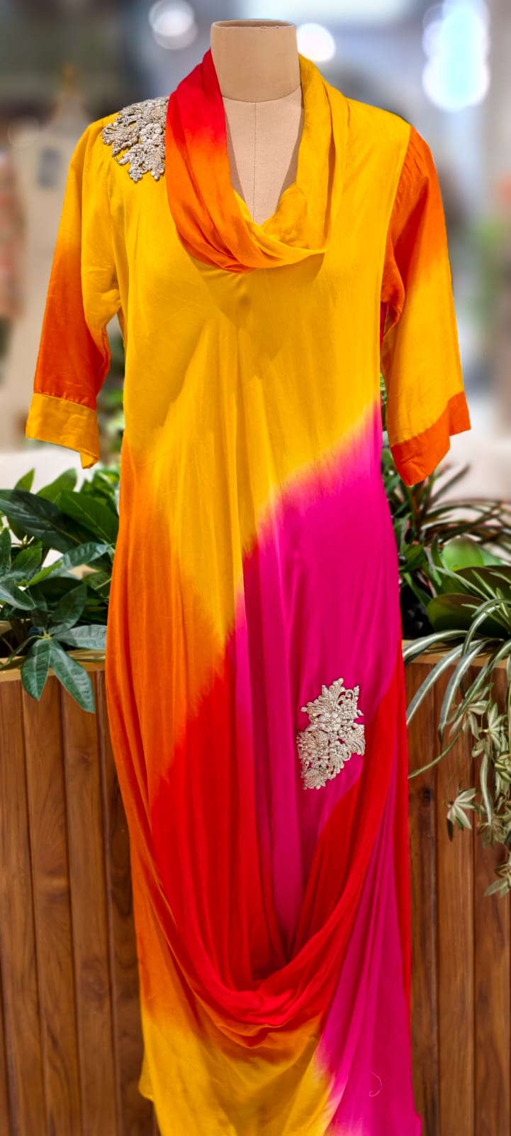 Ombre Multicolor Mix Cowl Style Gown In Dola Silk Fabric- 12400