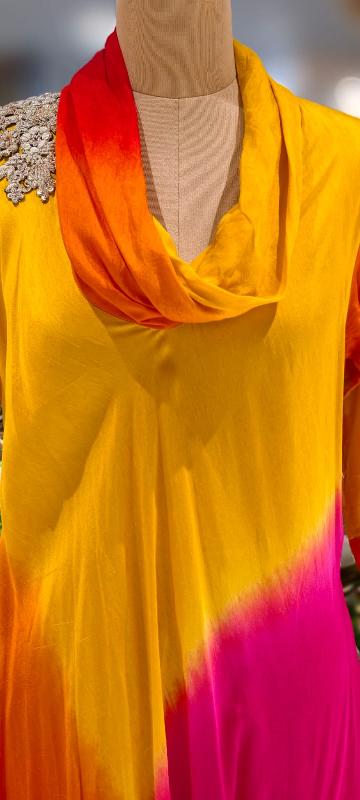 Ombre Multicolor Mix Cowl Style Gown In Dola Silk Fabric- 12400