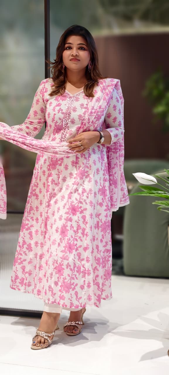 Foil Mirror Neck Line Floral Printed Panel Anarkali Full Suit Set With Dupatta In Mul Cotton Fabric- 12813