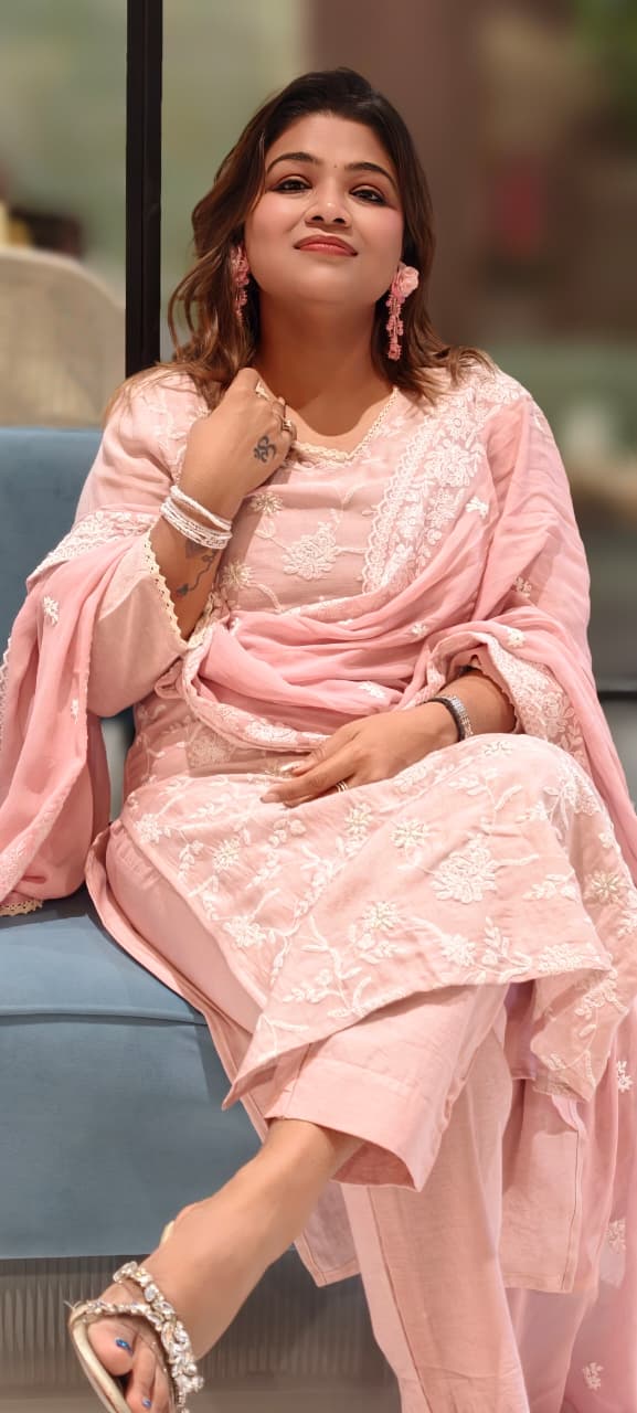 Thread Embroidery Lace Border linen Straight Full Suit Set With Georgette Dupatta- 13012