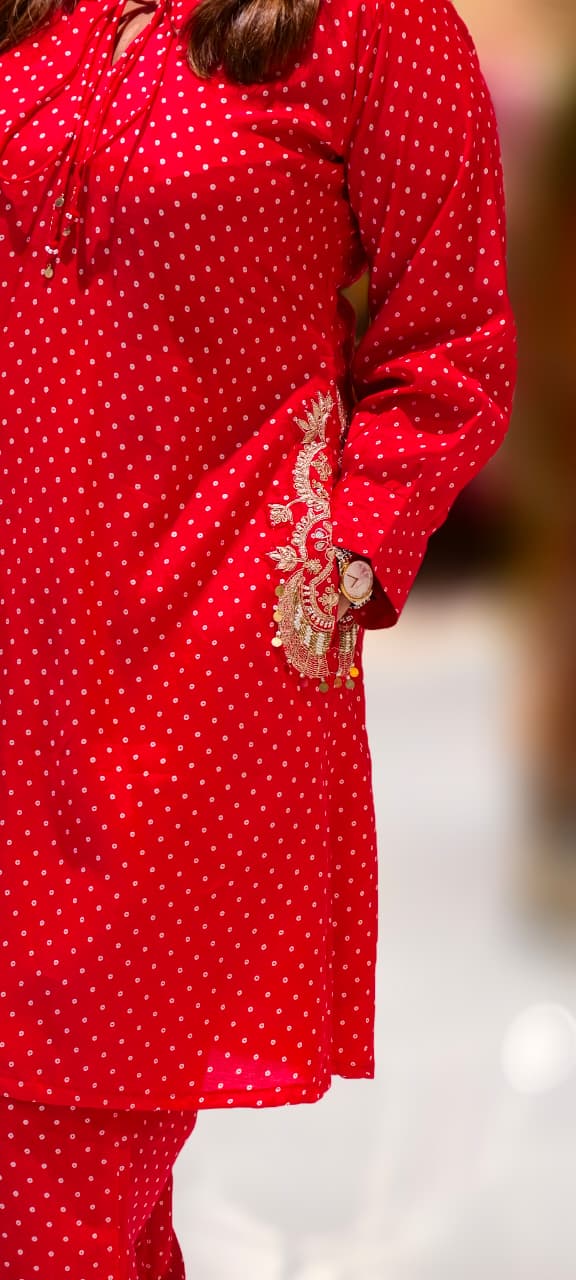 Ruby Dot Chic A-Line Kurta With Matching Bottom & Pockets In Muslin Fabric- 12994