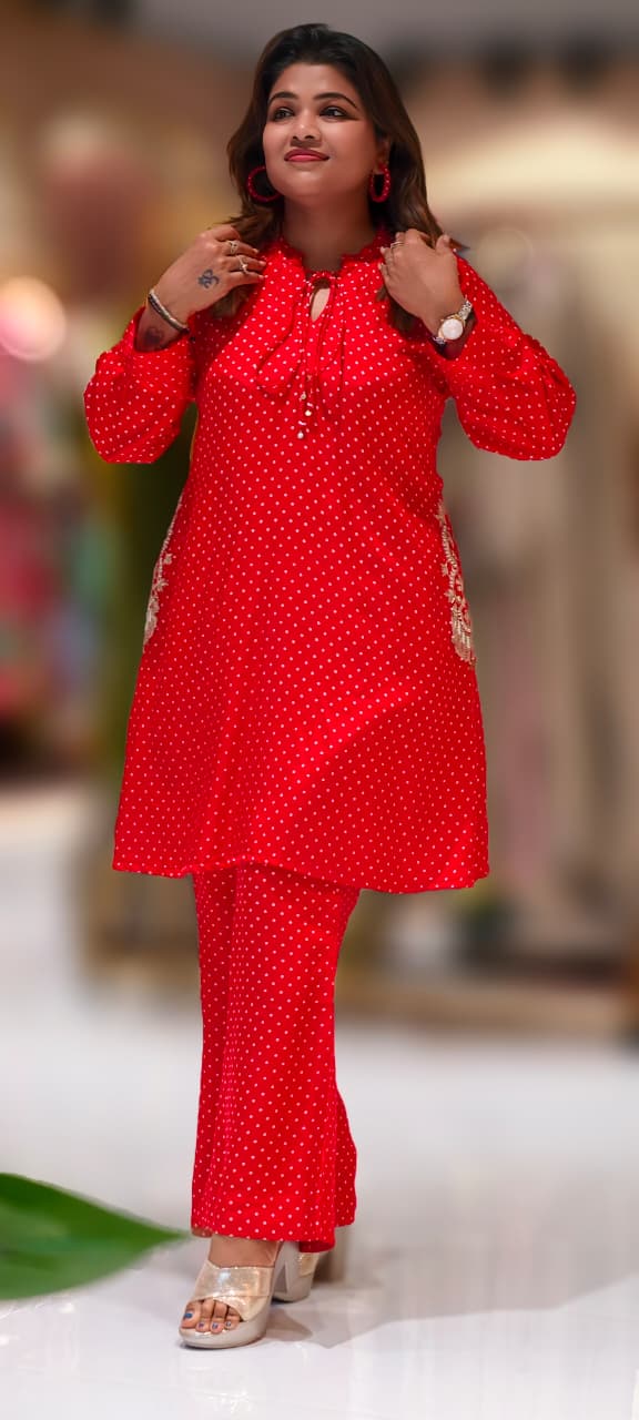 Ruby Dot Chic A-Line Kurta With Matching Bottom & Pockets In Muslin Fabric- 12994