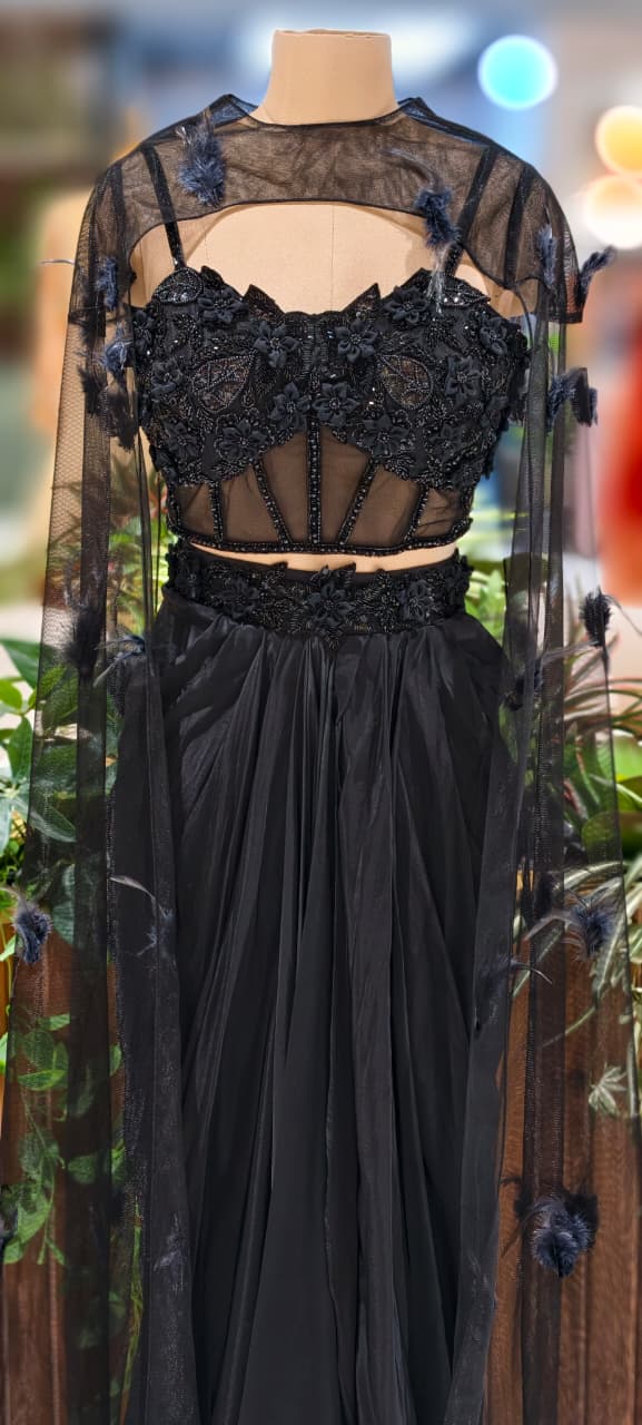 Luxury All-Black Hand-Embroidered Corset Blouse With Drape Skirt & Choker Style Cape