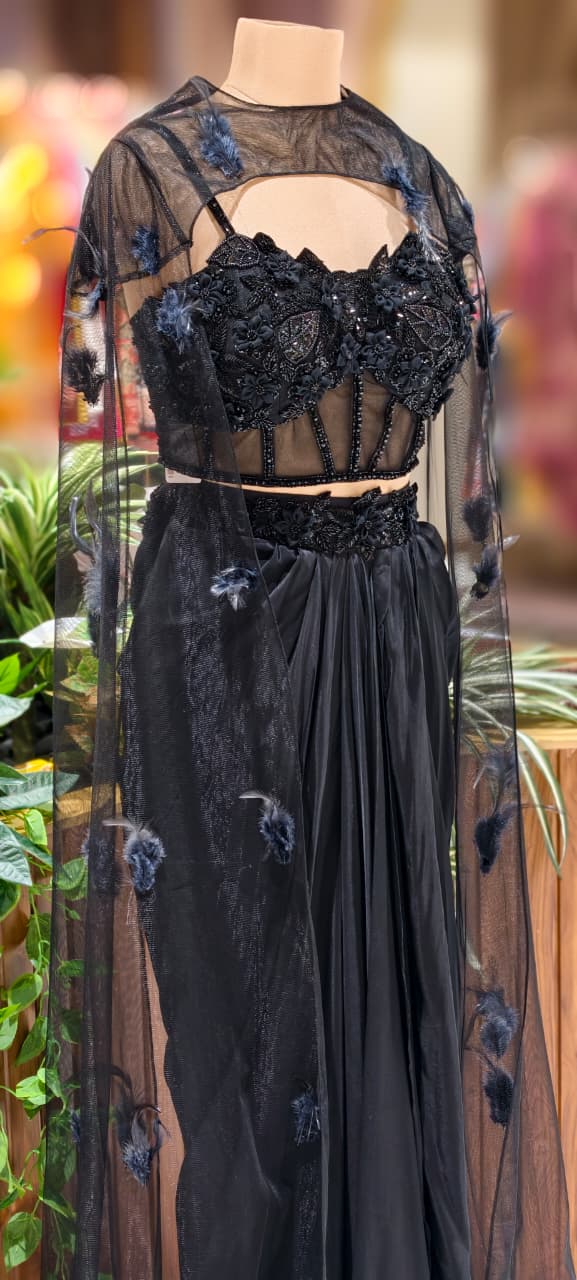 Luxury All-Black Hand-Embroidered Corset Blouse With Drape Skirt & Choker Style Cape