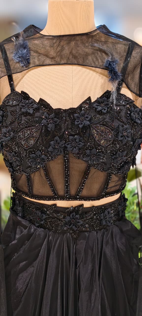 Luxury All-Black Hand-Embroidered Corset Blouse With Drape Skirt & Choker Style Cape