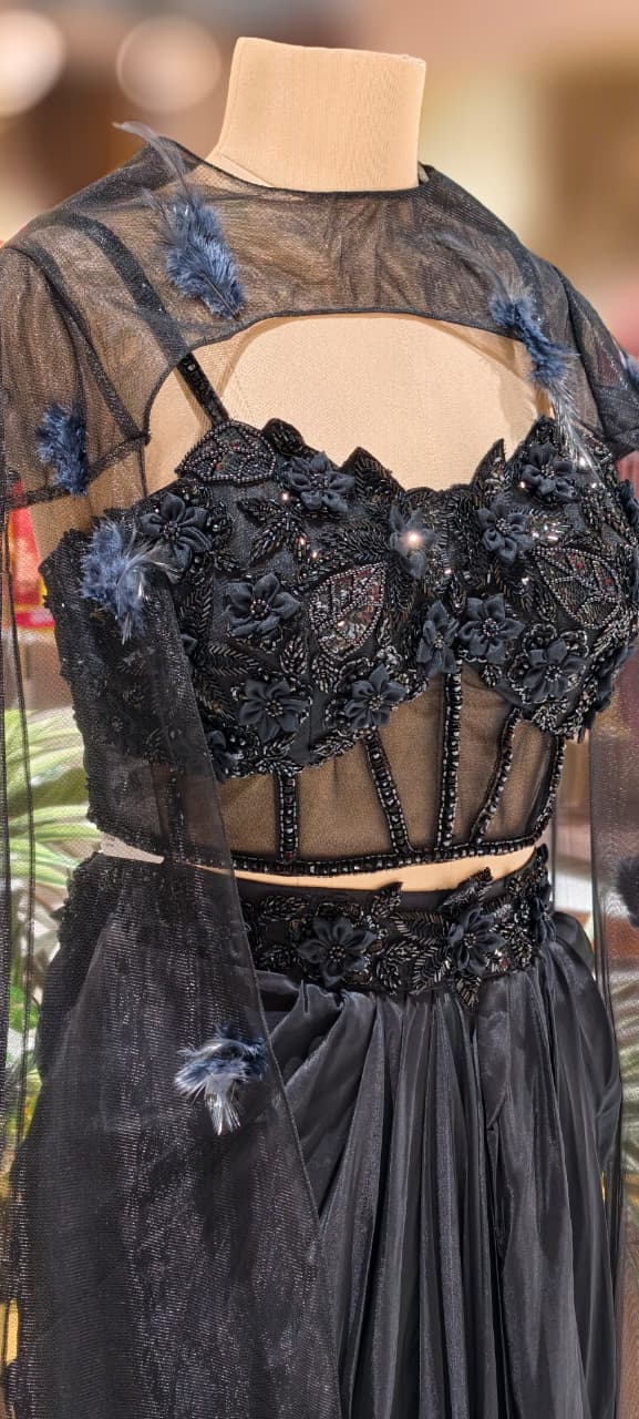 Luxury All-Black Hand-Embroidered Corset Blouse With Drape Skirt & Choker Style Cape