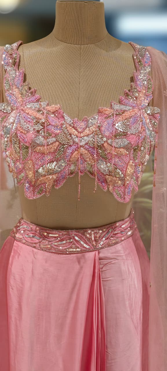 Pastel Elegance Colorful Sequin Cut-Work Crop-Top With Shiny Plain Drape Skirt (Dispatching After 45 Days On Orders)