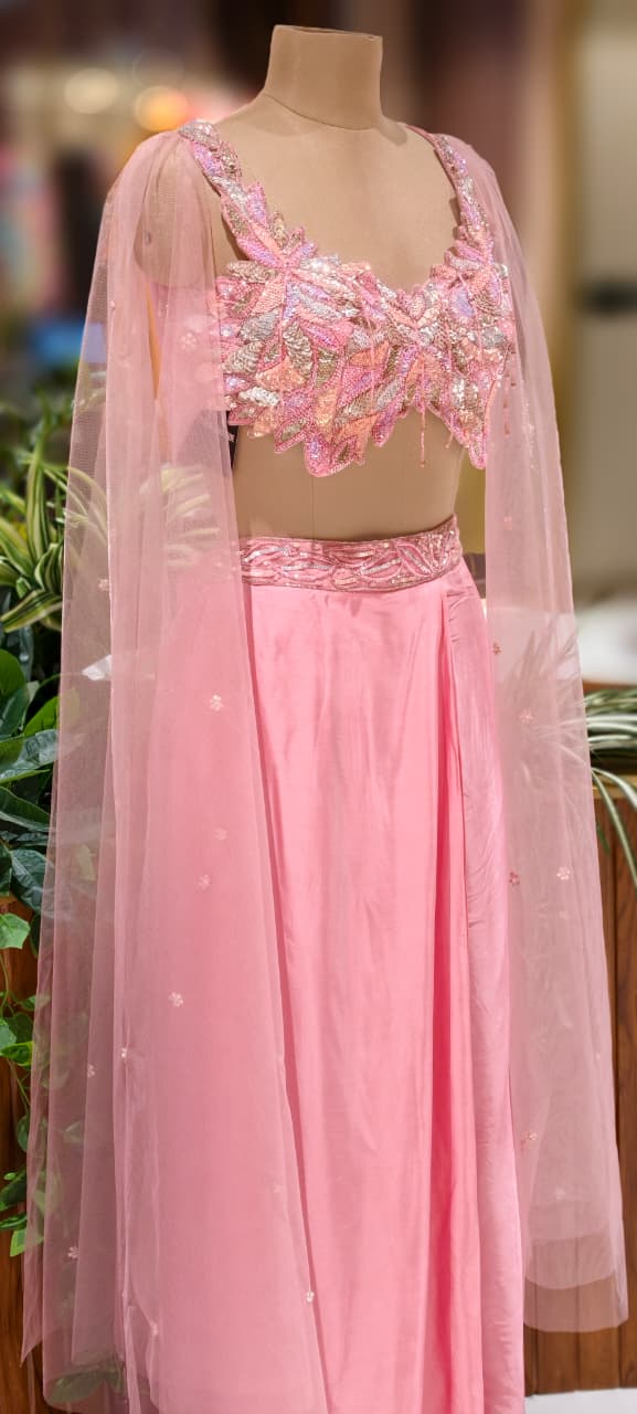 Pastel Elegance Colorful Sequin Cut-Work Crop-Top With Shiny Plain Drape Skirt (Dispatching After 45 Days On Orders)