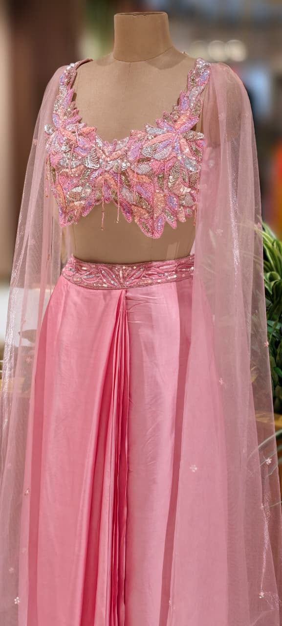 Pastel Elegance Colorful Sequin Cut-Work Crop-Top With Shiny Plain Drape Skirt (Dispatching After 45 Days On Orders)