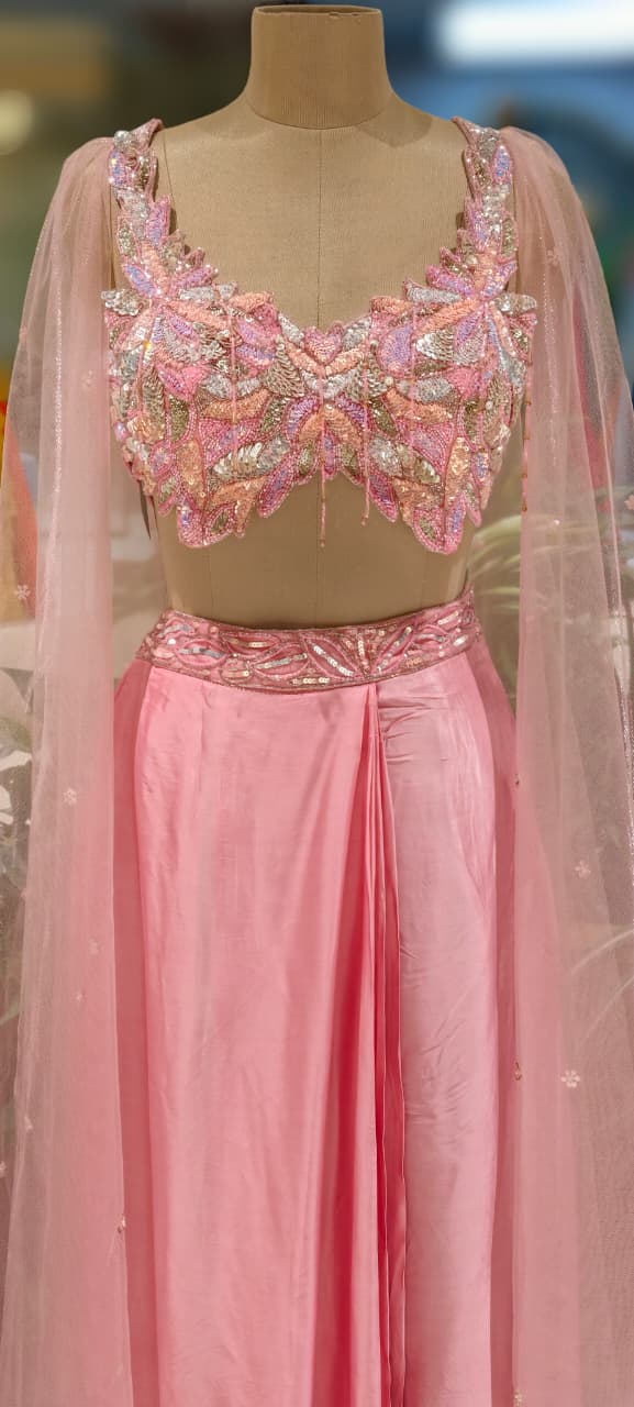 Pastel Elegance Colorful Sequin Cut-Work Crop-Top With Shiny Plain Drape Skirt (Dispatching After 45 Days On Orders)