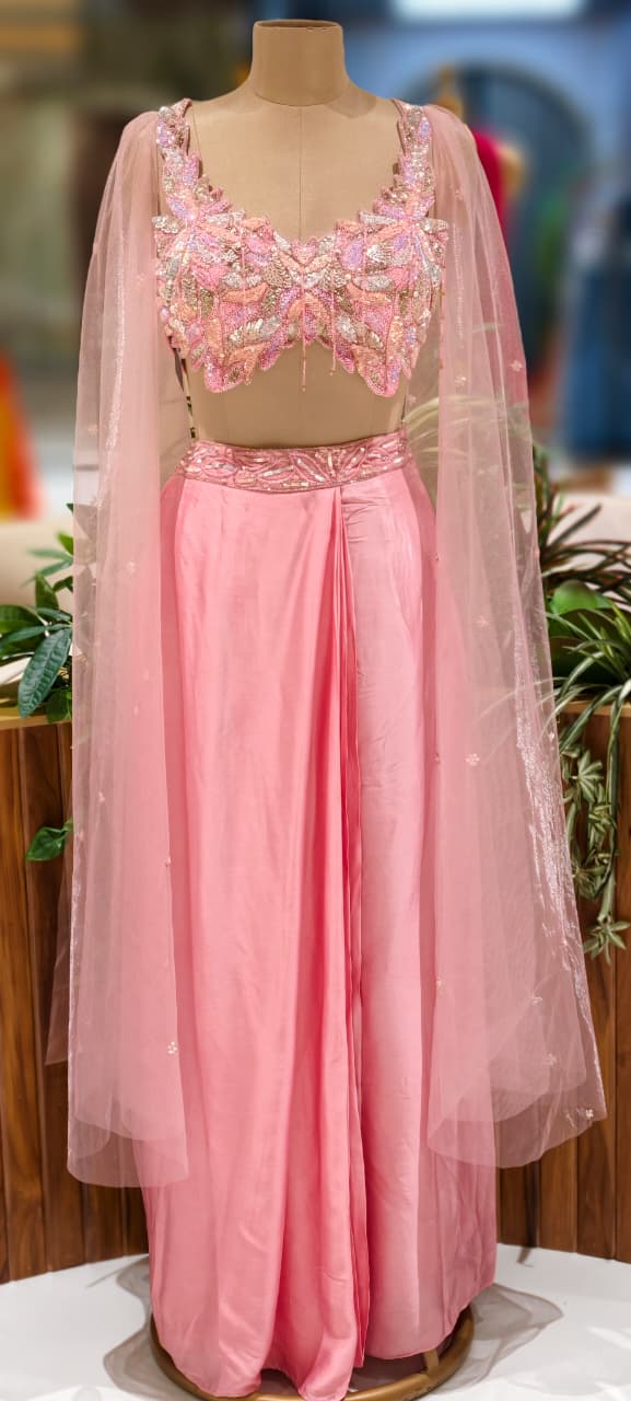 Pastel Elegance Colorful Sequin Cut-Work Crop-Top With Shiny Plain Drape Skirt (Dispatching After 45 Days On Orders)