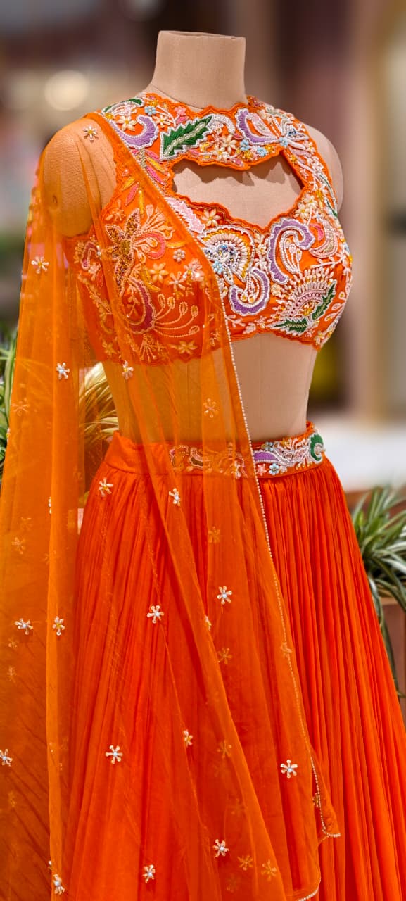 Very Bright Highlighted Handwork Crop-Top With Tasseled Cane-Cane Skirt- 13027 (Dispatching After 45 Days On Orders)