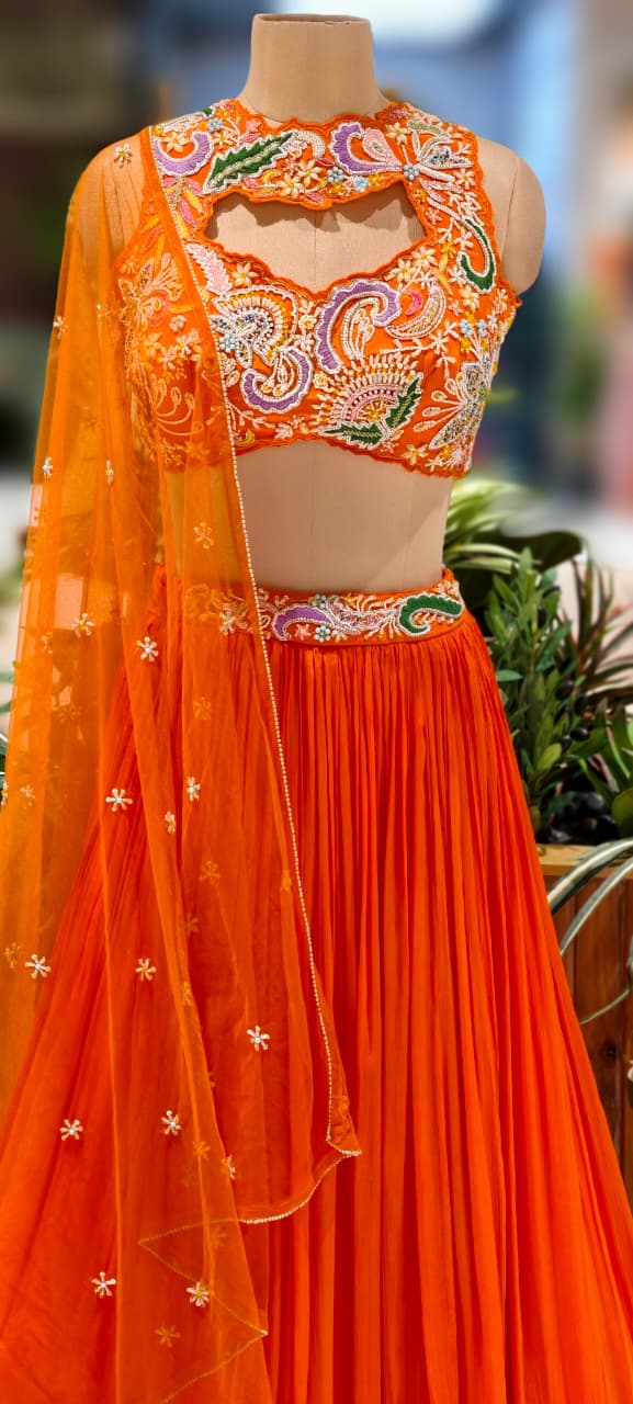 Very Bright Highlighted Handwork Crop-Top With Tasseled Cane-Cane Skirt- 13027 (Dispatching After 45 Days On Orders)