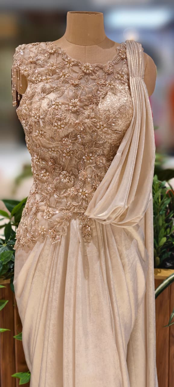 Overloaded Beads Embezzled Crystal Tassel Handwork Padded Side Cut Blouse Drape Skirt (Dispatching After 45 Days On Orders)