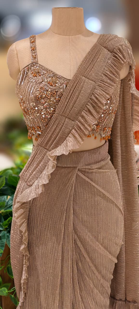 Heavily Beads Golden Tassel Real Mirror Embezzled Blouse With Ruffled Drape Saree & Cape- 13036 (Dispatching After 45 Days On Orders)