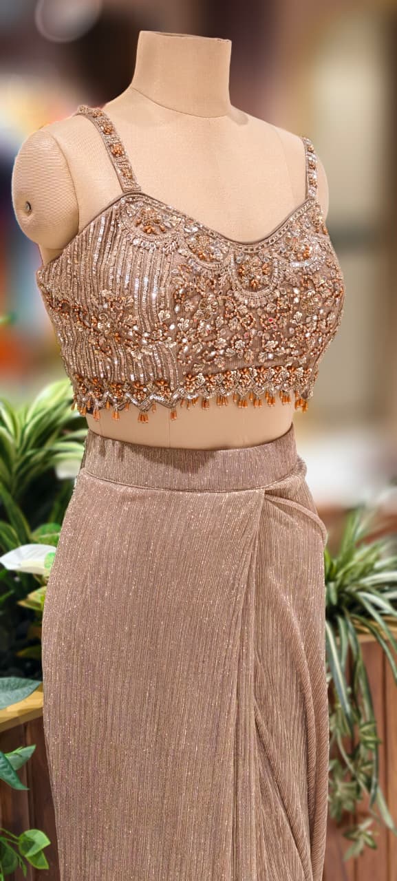 Heavily Beads Golden Tassel Real Mirror Embezzled Blouse With Ruffled Drape Saree & Cape- 13036 (Dispatching After 45 Days On Orders)