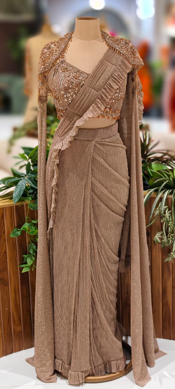 Heavily Beads Golden Tassel Real Mirror Embezzled Blouse With Ruffled Drape Saree & Cape- 13036 (Dispatching After 45 Days On Orders)