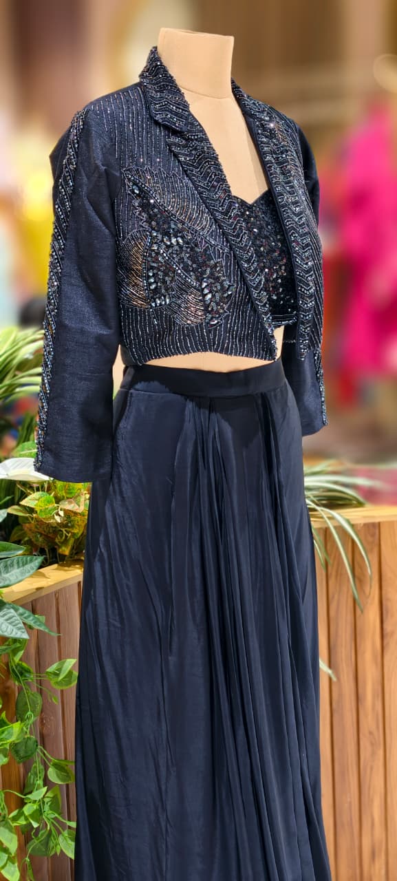 Heavily Sequined Crop-Top With Beads Embellished Jacket & Flared Skirt-13030 (Dispatching After 45 Days On Orders)