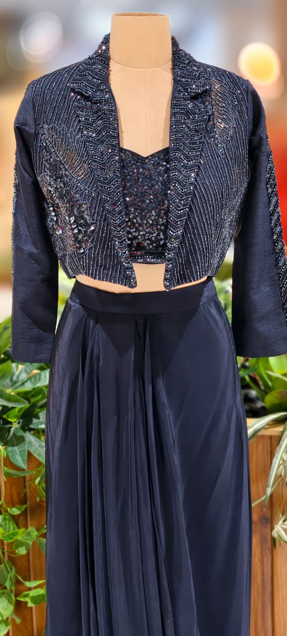 Heavily Sequined Crop-Top With Beads Embellished Jacket & Flared Skirt-13030 (Dispatching After 45 Days On Orders)