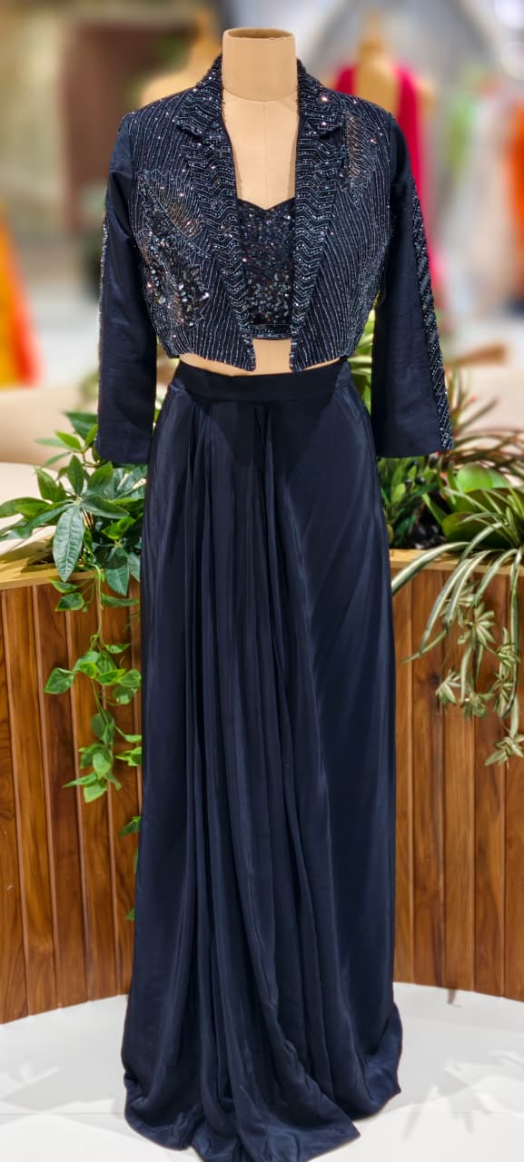 Heavily Sequined Crop-Top With Beads Embellished Jacket & Flared Skirt-13030 (Dispatching After 45 Days On Orders)