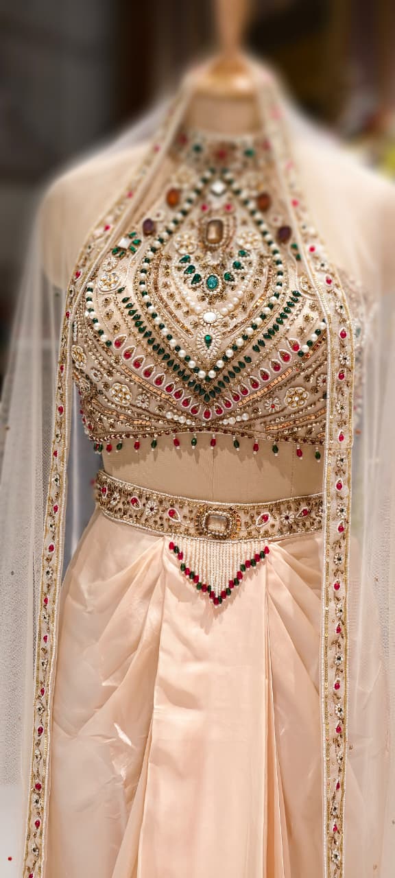 Jewelry Look Colorful Stoned Heavy Hand Work Blouse With Drape Skirt & Dupatta- 13020 (Dispatching After 45 Days On Orders)