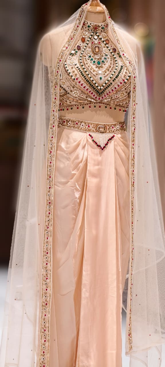 Jewelry Look Colorful Stoned Heavy Hand Work Blouse With Drape Skirt & Dupatta- 13020 (Dispatching After 45 Days On Orders)