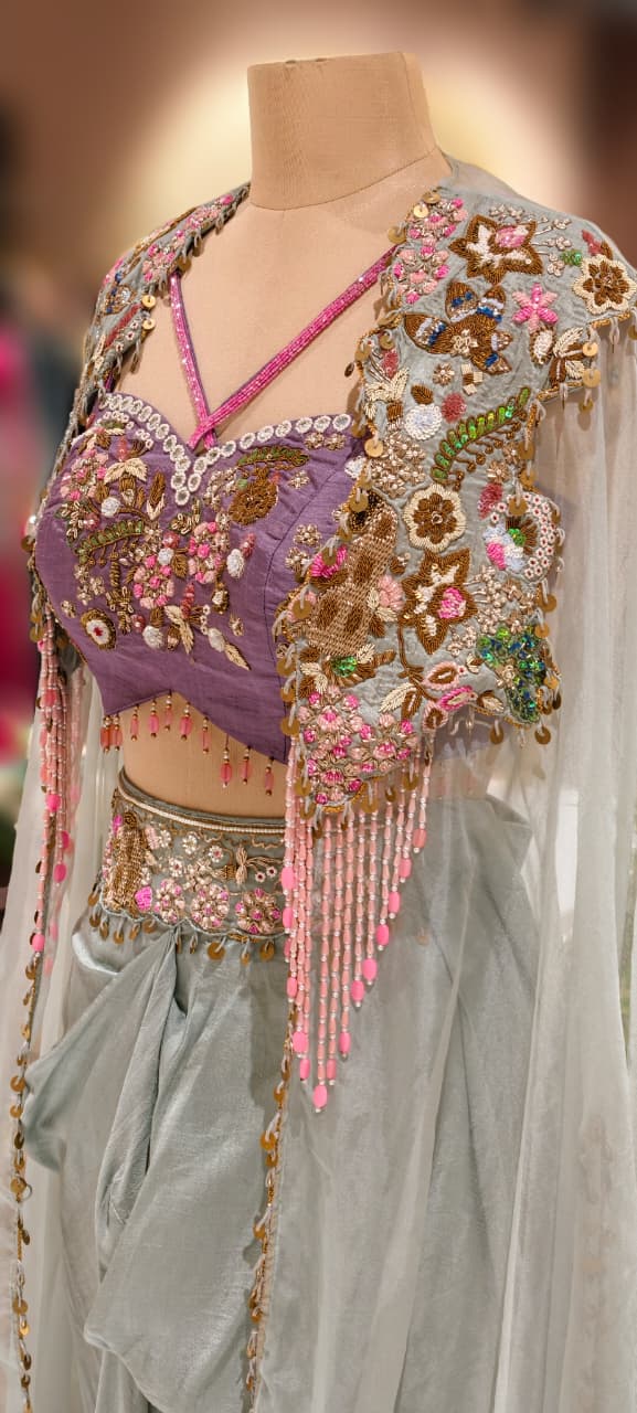 Gardenia Multicolor Highlighted Heavily Tasseled Handworked Crop Top & Cape With Drape Skirt- 13022 (Dispatching After 45 Days On Orders)