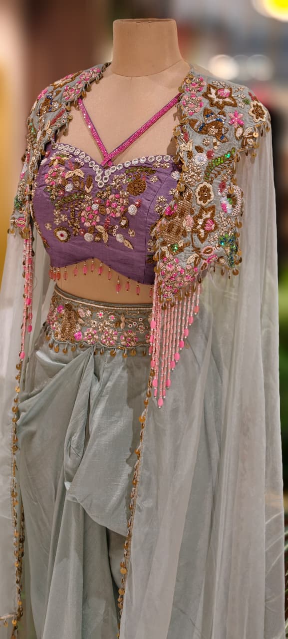 Gardenia Multicolor Highlighted Heavily Tasseled Handworked Crop Top & Cape With Drape Skirt- 13022 (Dispatching After 45 Days On Orders)