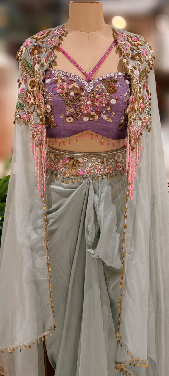 Gardenia Multicolor Highlighted Heavily Tasseled Handworked Crop Top & Cape With Drape Skirt- 13022 (Dispatching After 45 Days On Orders)