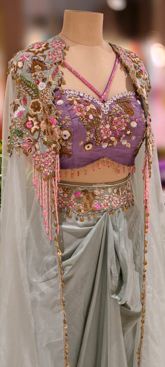 Gardenia Multicolor Highlighted Heavily Tasseled Handworked Crop Top & Cape With Drape Skirt- 13022 (Dispatching After 45 Days On Orders)