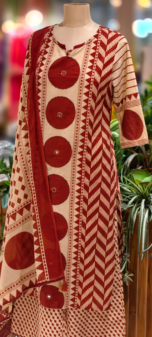 Asymmetric Print Dual Color Cotton Full Suit Set With Dupatta-13042