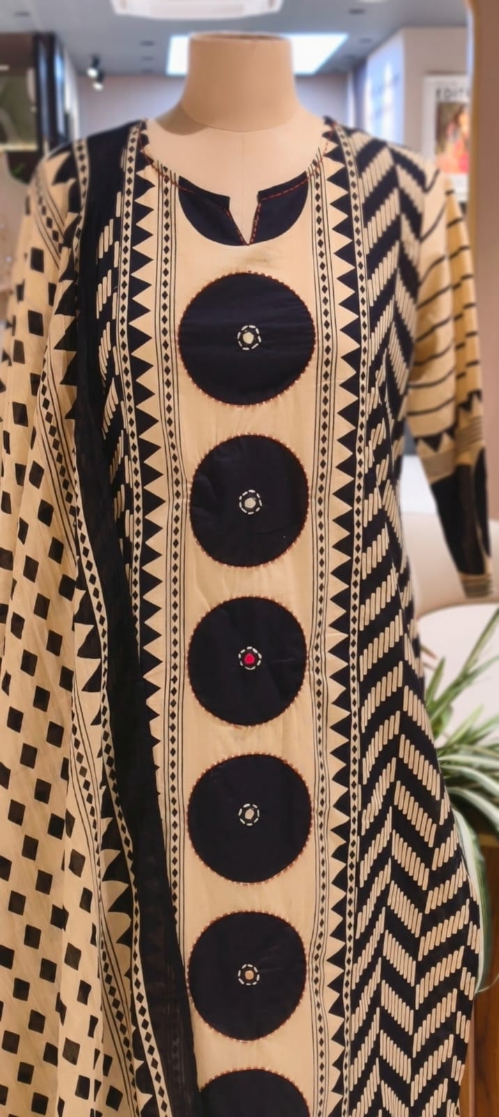 Asymmetric Print Dual Color Cotton Full Suit Set With Dupatta-13042