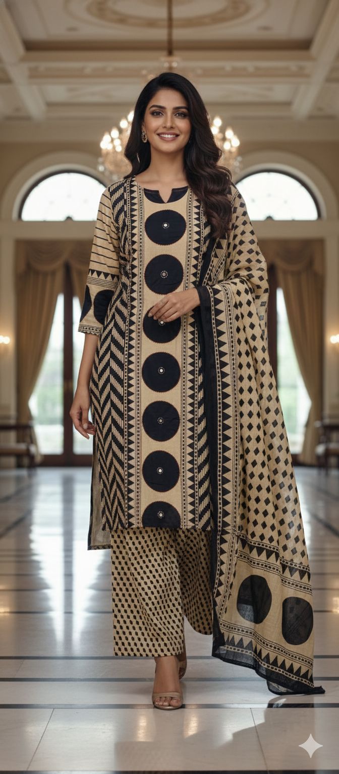 Asymmetric Print Dual Color Cotton Full Suit Set With Dupatta-13042