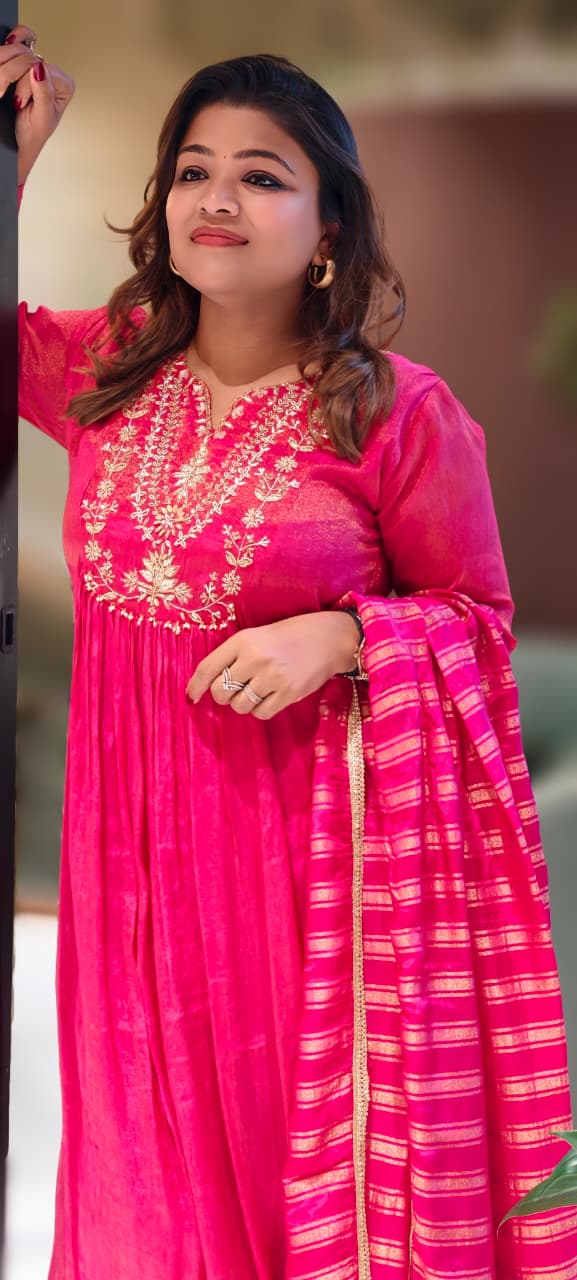 Vibrant Gulabi Blush Crush Look A-Line Full Suit Set With Dupatta In Tissue Fabric-12996