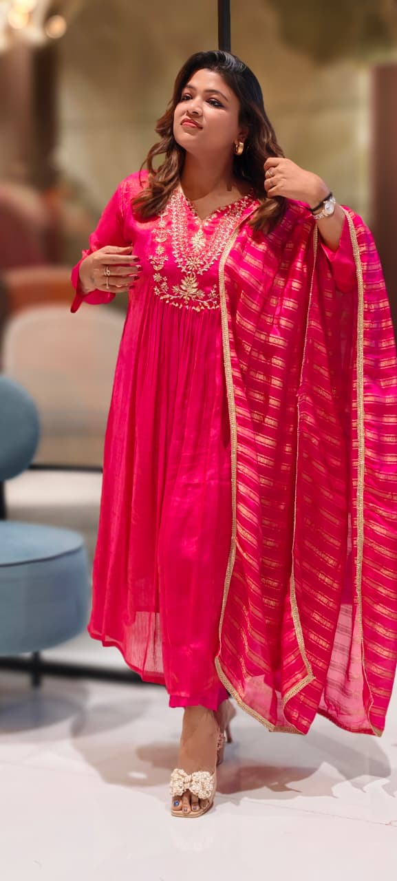 Vibrant Gulabi Blush Crush Look A-Line Full Suit Set With Dupatta In Tissue Fabric-12996