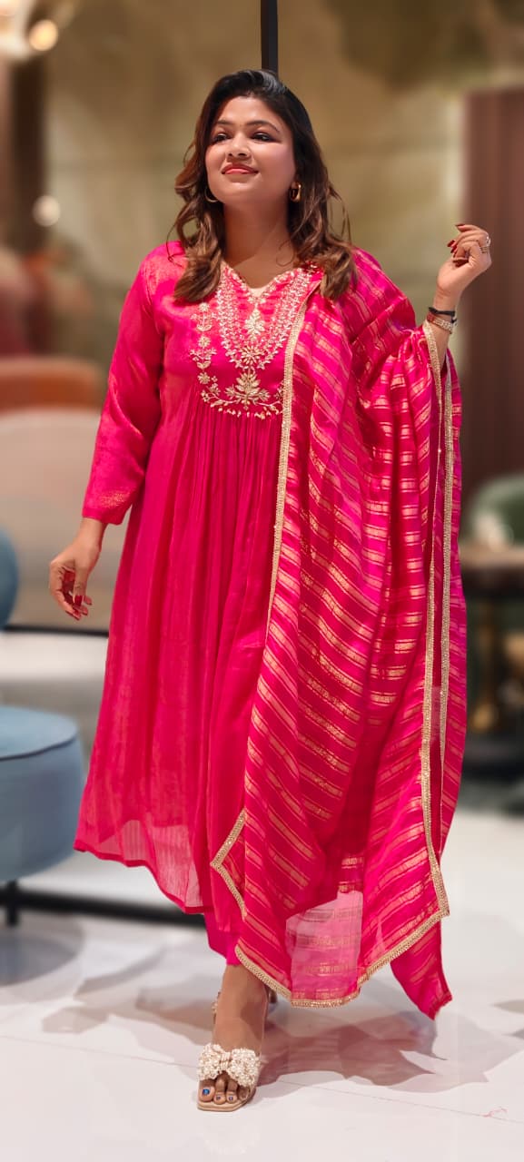 Vibrant Gulabi Blush Crush Look A-Line Full Suit Set With Dupatta In Tissue Fabric-12996