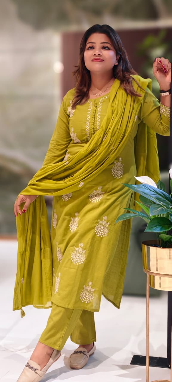 Pure Thread Embroidered Beautiful Neck Line Cotton Full Suit Set With Dupatta- 12934