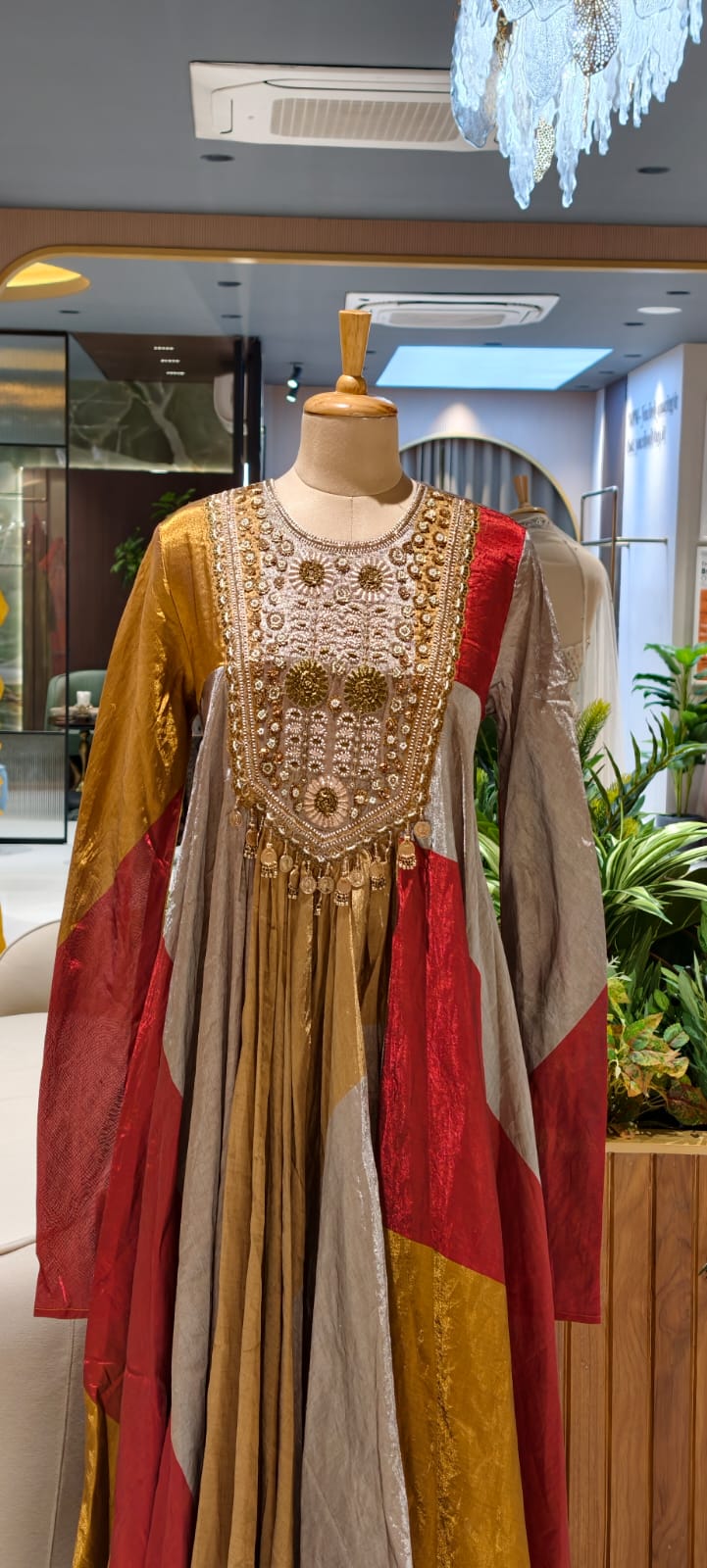 Regal Luxe Zardosi Premium Tissue Multicolored Heavily Flared Gown