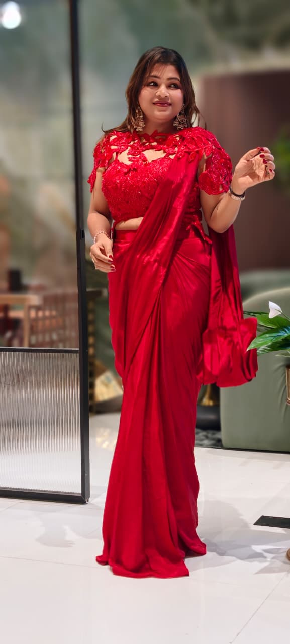 Luxurious Cut-Dana Embellished Leafy Cut-Work Blouse With Drape Saree- 13038