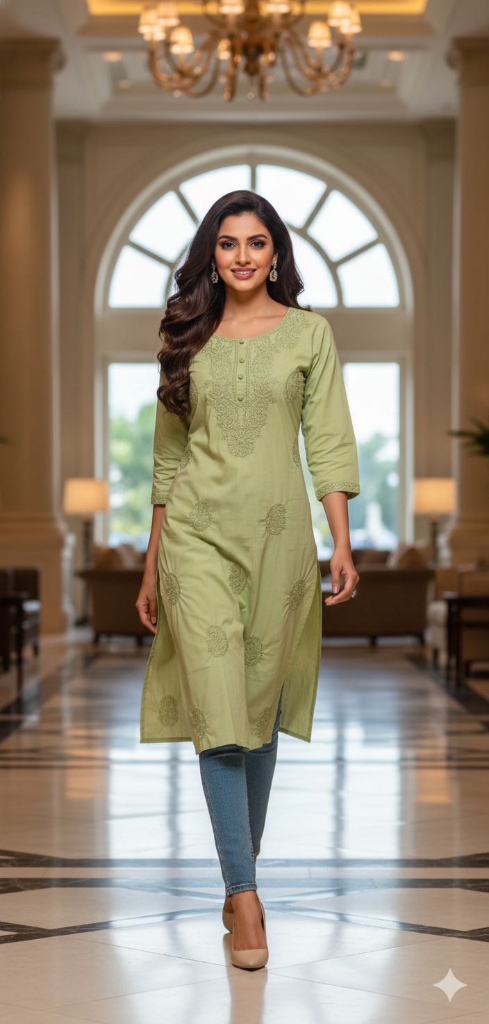 Chikankari Pastel Shade Buttoned Cotton Kurti Only- 13060