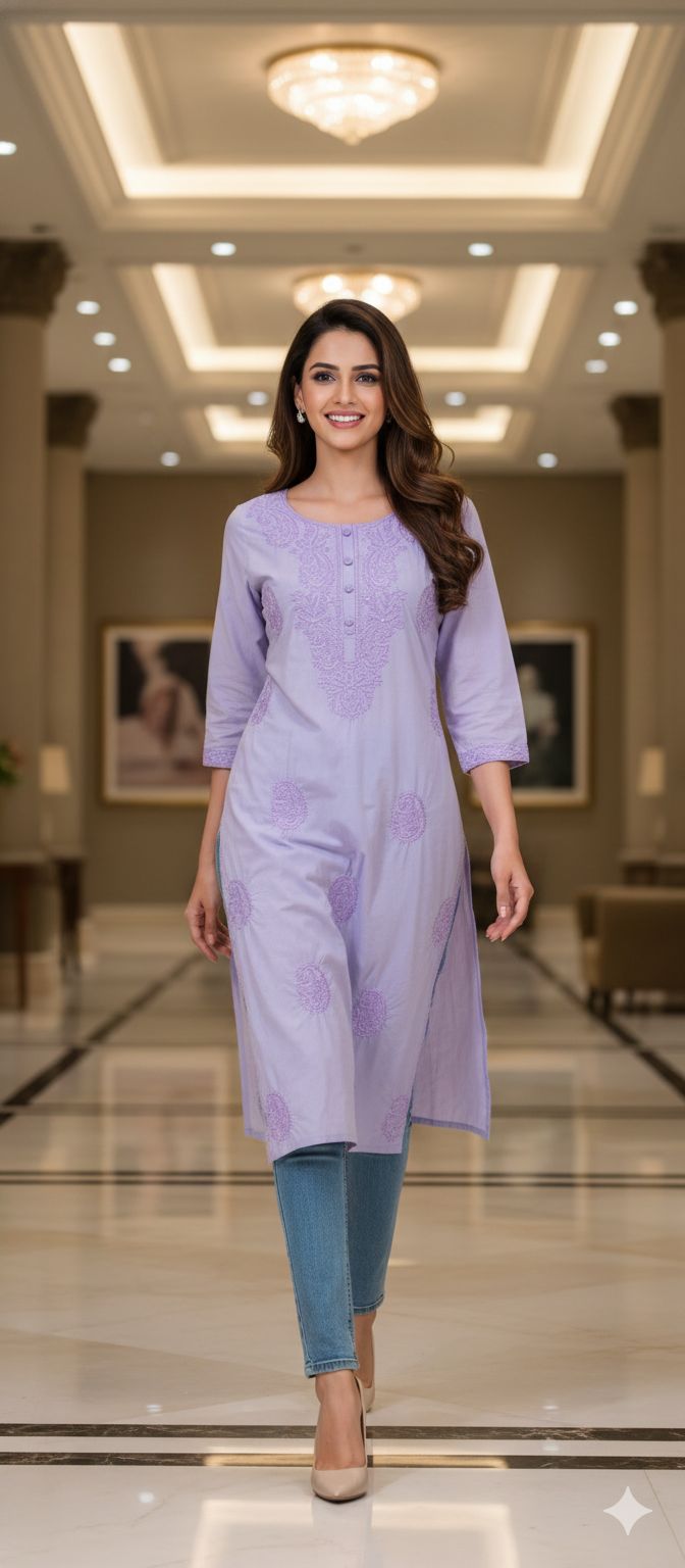 Chikankari Pastel Shade Buttoned Cotton Kurti Only- 13060