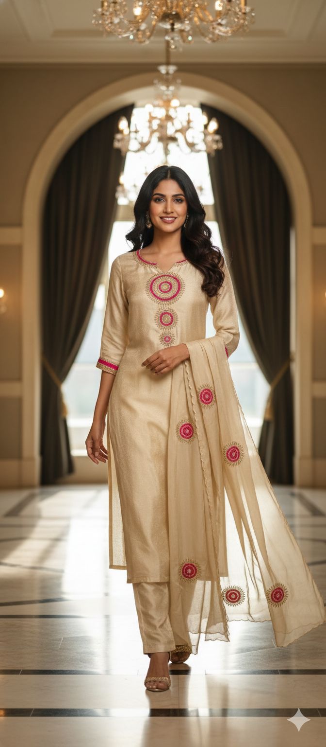 Round Work Zardozi Full Suit Set With Dupatta In Tissue Fabric- 13009